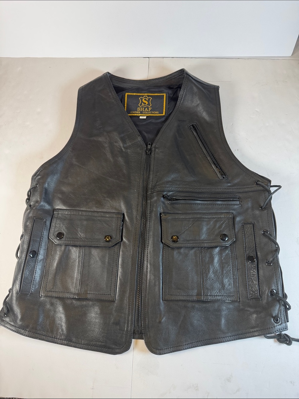 Leather Men's Black Utility Vest with Multiple Pockets